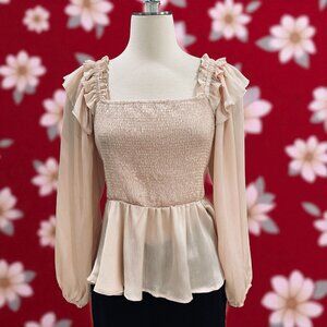 Entro Blush Smocked Peplum Top Long Sleeve Ruffle Sheer Sleeve Cottagecore